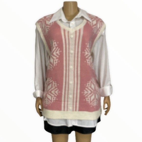 Vintage My Christmas Sweater Pink V Neck Vest Snowflake Print Ivory Size XXL - Picture 14 of 14